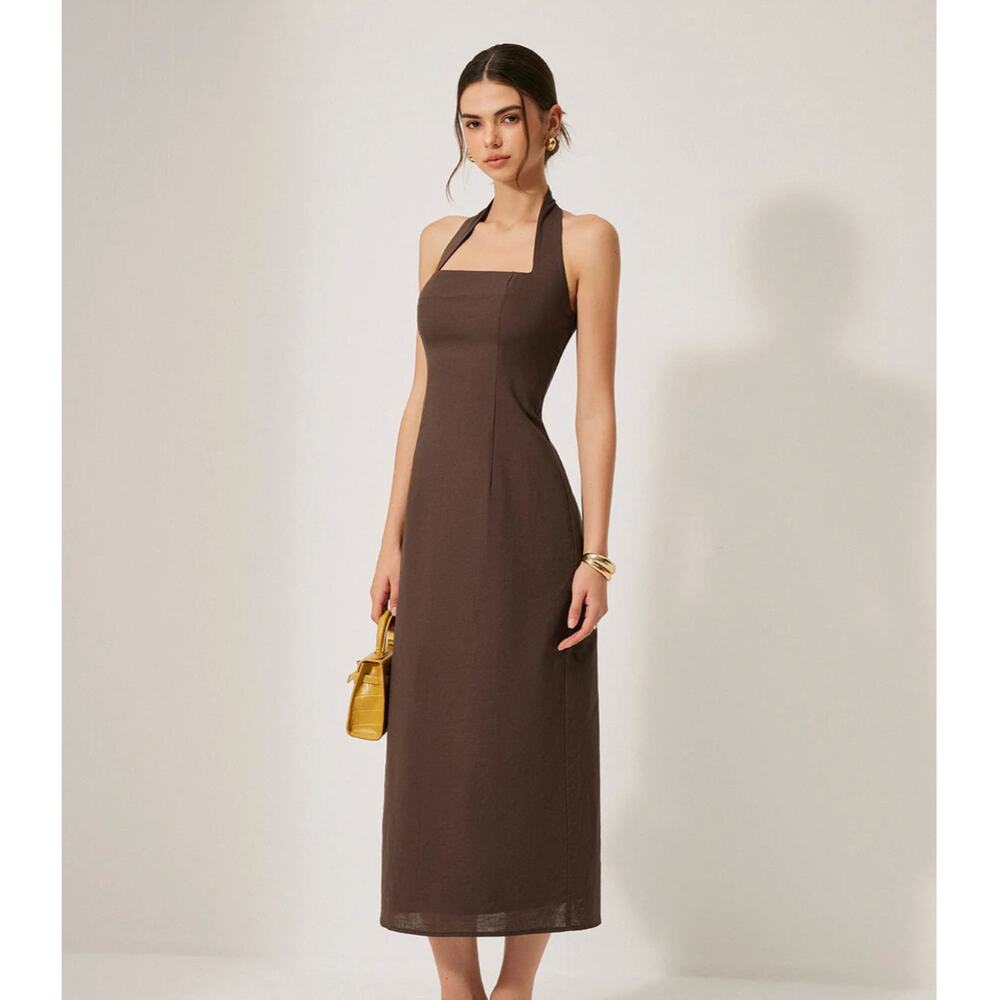 Brown Halter Backless Split Dress Size M